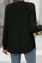 Black Ribbed Texture Round Neck Long Sleeve Rounded Hem Knit Top