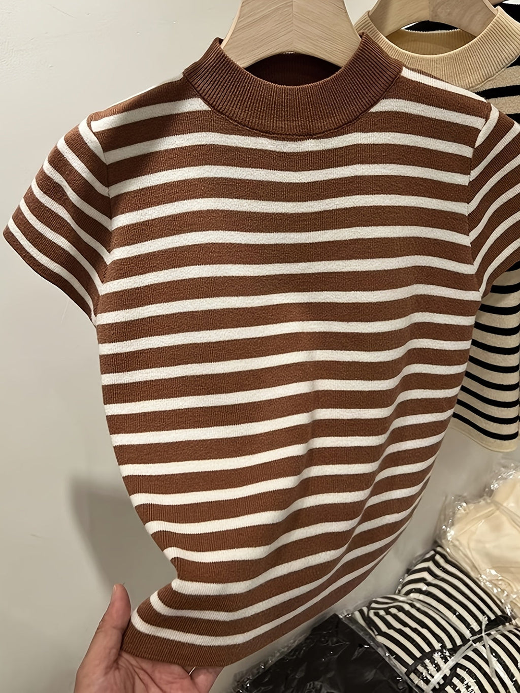 Semi-High Neck Striped Short-Sleeved T-Shirt