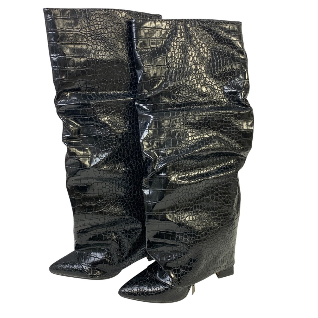 Womens Size 6 Black 4" Heel Knee High Boot Faux Leather Pointed Toe Slouch Shoes