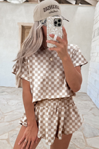 Brown Checkerboard T Shirt and High Waist Skorts Set