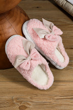 Camel Contrast Bowknot Applique Plush Winter Slippers (Bow Colors May Differ by Batch)