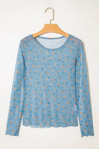 Sky Blue Vintage Floral Print Southern Style Mesh Long Sleeve Top