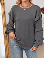 Ruffled Long Sleeve Knit T-Shirt