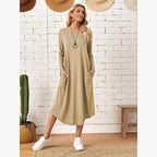 Women's Cotton Maxi Dress – Solid Color Long Sleeve A-Line with Pockets