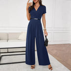 Three-Quarter Sleeve Pleated Wide-Leg Jumpsuit | 2 Colors S–XL
