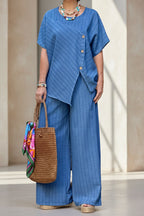 Striped Shirt & Loose Pants Set – Three-Quarter Sleeve Two-Piece