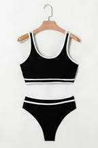 Black Contrast Trim U Neck High Waist Bikini Set