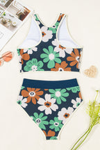 Blue Flower Zip Collar High Waist Bikini Set