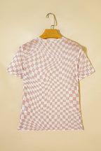 Khaki Checkered Print Mock Neck Mesh T Shirt