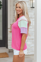Blue Twisted Ribbed Color Block Patchwork Henley Short Sleeve T Shirt