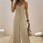 Women’s Casual Suspender Jumpsuit – V-Neck Solid Color Sleeveless One-Piece