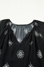 Yellow Boho Chic Notched V Neck Plus Floral Short Sleeve Top