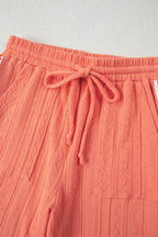 Grapefruit Orange Crochet Floral Accent V Neck Textured Pants Set