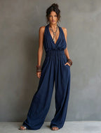 Women's V-Neck Halter Jumpsuit – Sleeveless Open Back Waist-Cinching