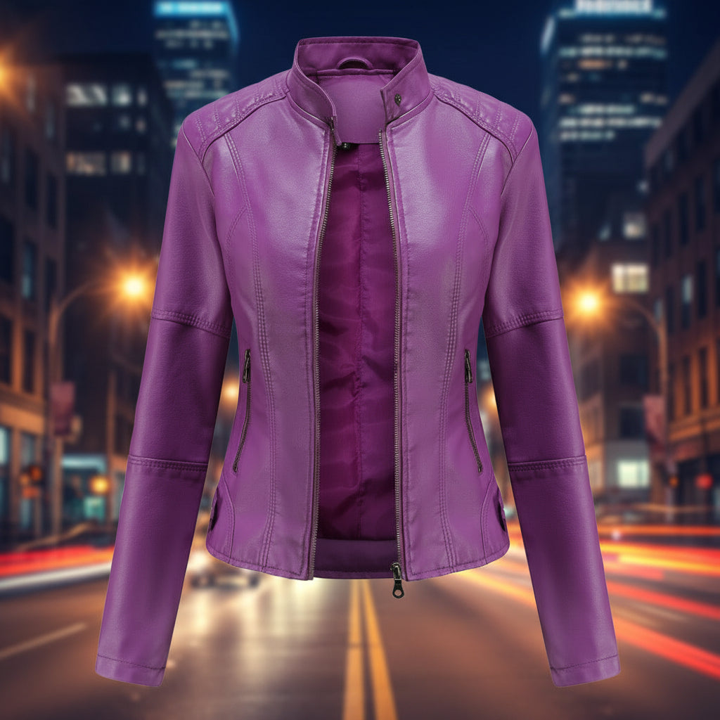 Purple leather jacket on a city street at night