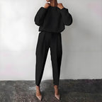 Women’s Solid Color 2-Piece Set – Long Sleeve Top & Pleated Pants Loungewear