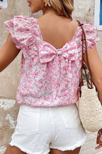 Pink Floral Ruffle Short Sleeve Bow Back Blouse
