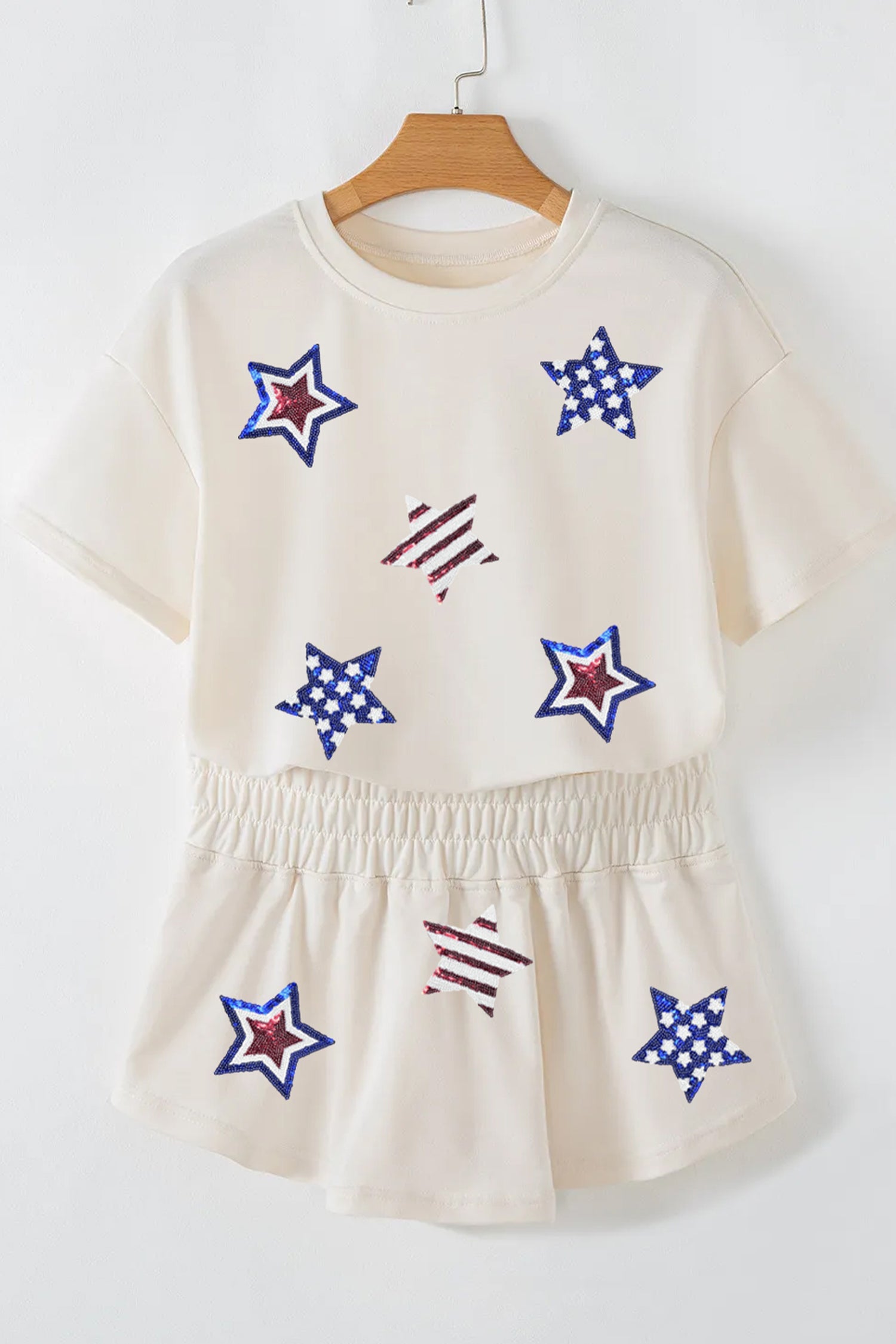 Beige Sequin Patriotic Star Cropped Tee Skort 2pcs Set