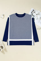Blue Striped Colorblock Patchwork Dolman Oversize Tunic Sweater