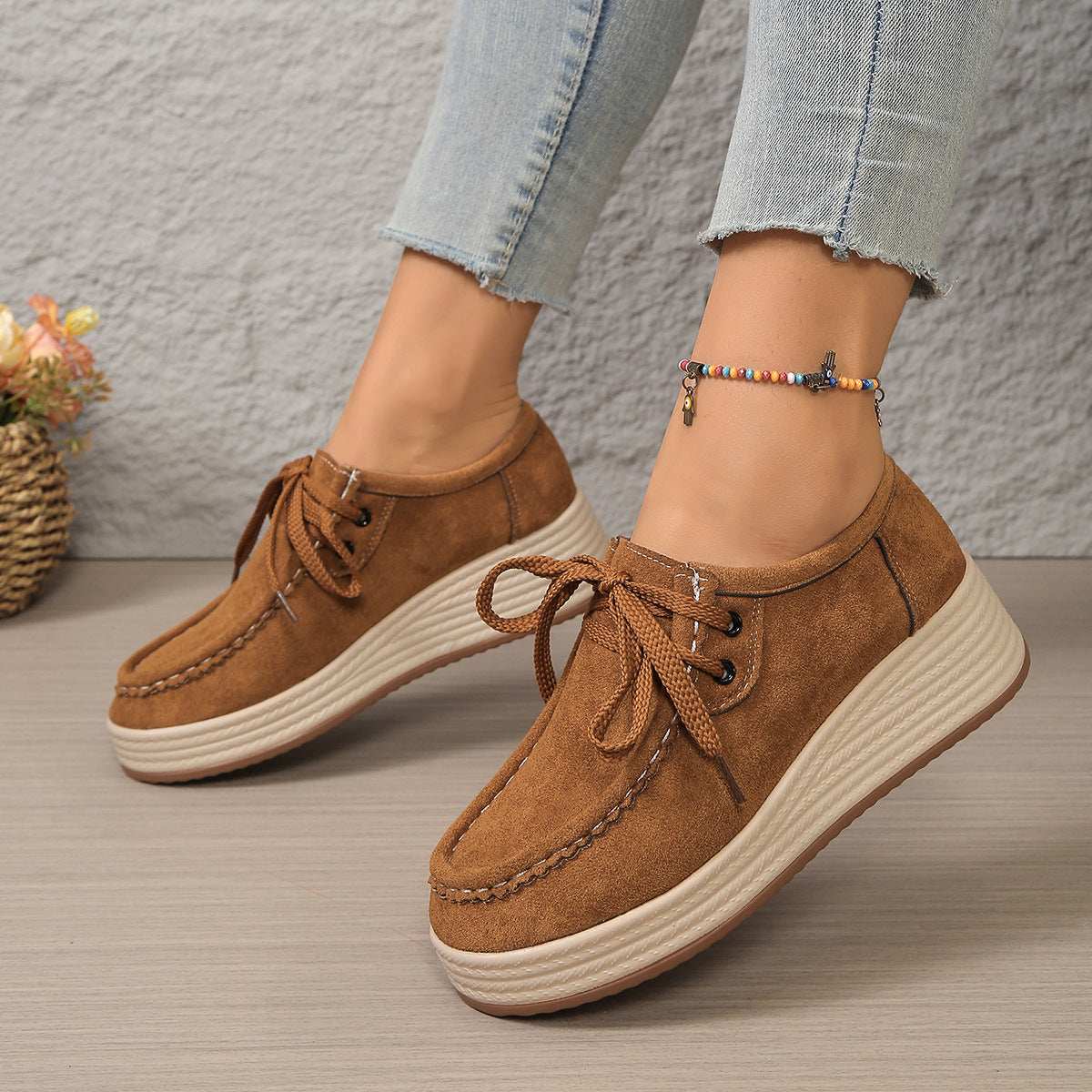 Lace-Up Chunky Sole Suede Pumps