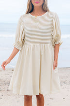 White Textured Ruffled Puff Sleeve Loose Dress