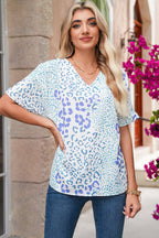 Green Leopard Print V Neck Short Sleeve Blouse