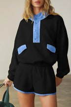 Yellow Colorblock Patchwork Half Button Pullover and Shorts Outfit