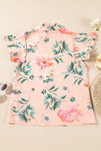 Pink Floral Print Frill V Neck Pleated Sleeve Blouse