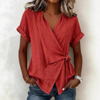 Women's Casual Lapel Collar Lace-Up Short-Sleeve Linen Top