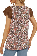 Blue Floral Print Square Neck Lace Patchwork Sleeve Blouse