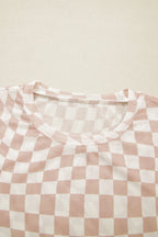 Khaki Checkered Print Mock Neck Mesh T Shirt