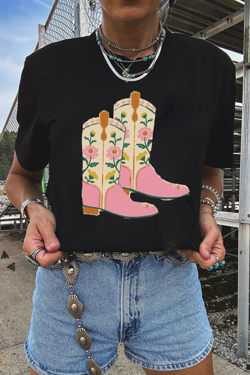 Black Floral Boots Graphic T Shirt