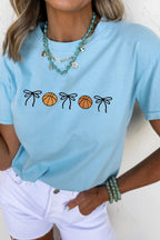 Light Blue Basketball Bow Embroidered Womens T Shirt