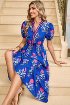 Sky Blue Floral Ruffle Hem Pop of Color Neckline Dress