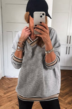 Gray Varsity Contrast Trim V Neck Sweatshirt