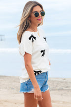 Black Bow Pattern Knit Short Sleeve Sweater