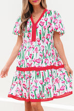 Pink Floral Print Contrast Trim V Neck Bubble Short Sleeve Babydoll Dress