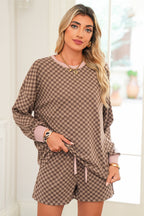 Brown Checkerboard Contrast Trim Long Sleeve Pullover and Shorts Set