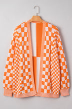 Brown Checkered Bubble Sleeve Drop Shoulder Open Cardigan