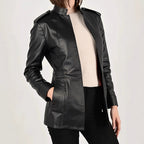 Women's Stand Collar Long Sleeve Distressed Fashion Leather Jacket Coat