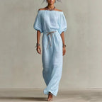 Women's Linen Pants Suit – Solid Color Lantern Sleeve Set