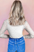Pink Bow Pattern Long Sleeve Slim Fit Mesh Top