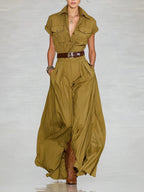 Women's Short-Sleeve Shirt Maxi Dress With Pockets – A-Line Stand Collar