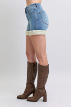 Judy Blue Full Size Hw Tummy Control Shearling Cuff Denim Shorts Plus Size