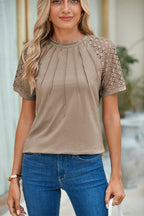Blackish Green Seamed Detail Contrast Lace Raglan Sleeve Tee