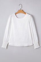 White Eyelet Embroidered Smocked Cuffs Blouse