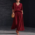 Women's Cotton-Linen V-Neck Button-Up Top & Long Skirt Set