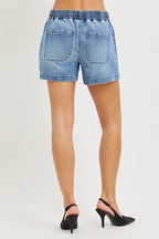 RISEN Elastic Band Slouchy Denim Shorts with Star Patched Details