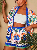 Printed Open Front Cardigan and Shorts Set