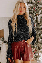 Black Sequin Mock Neck Drape Open Back Bell Sleeve Top